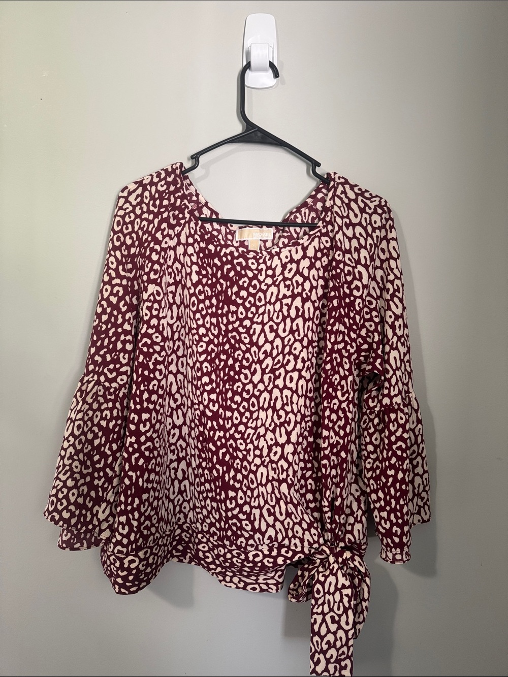 Michael Kors Burgundy and Cream Leopard-Print Tie-Hem Blouse